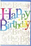 This birthday card radiates an easy, joyful charm, like the relaxed yet festive mood of a birthday gathering in a Hampton riverside garden. Across the front, the phrase "Happy Birthday" is written in large, cheerful letters that seem to lean forward slightly, as if eager to deliver their message. Each letter is dressed in a different colour, flowing through a harmonious rainbow from rich reds and rosy pinks into regal purples and deep blues, then on to tranquil turquoise, lively green, and warm, golden yellow. The gradients and gentle shading within the letters give them a soft dimensionality, making the greeting feel alive and animated, not flat or static. Behind this vibrant text, a field of fine golden handwriting repeats "Happy Birthday to you" in graceful, looping script, almost like a chorus of quiet voices singing in the background. The script forms a delicate, glimmering texture across the card, with the gold catching the light just enough to create a subtle sparkle, similar to late-afternoon sun glinting off the Thames near Hampton Court Bridge. The balance between the bright, playful front lettering and the refined, shimmering backdrop creates a design that feels both fun and thoughtfully put together. The card appears to be printed on smooth, slightly glossy stock, adding to its polished look. It's easy to imagine this card standing beside a vase of fresh flowers at a birthday brunch in Hampton Hill, its colourful greeting and gentle golden glow helping to turn an ordinary day into a warmly remembered celebration.