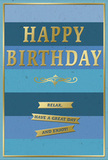 This birthday card offers a gentle, composed sort of celebration, its colours and layout echoing the peaceful corners of Hampton. The background is built from broad horizontal bands of blue, each stripe transitioning subtly into the next. At the very top, a dark navy sets a confident tone, giving way to softer denim and teal before arriving at a pale, airy blue near the bottom. These stripes create a calm, ombre effect, reminiscent of watching soft light move over the water near Hampton Court or across the open spaces of Bushy Park. Centred within this tranquil backdrop are the words "HAPPY BIRTHDAY," set in large, embossed gold letters. The raised text has a polished metallic finish, bright enough to feel festive but gentle in its glow, as though catching diffuse afternoon light through a window. Just below, a delicate gold flourish stretches out, a graceful connector that adds a hint of old-world charm and separates the headline from the more intimate sentiment underneath. Beneath this flourish, three gold banners sit one above the other, each shaped like a tidy ribbon and inscribed with part of the phrase "Relax, have a great day and enjoy!" Their message feels both friendly and reassuring, like a quiet birthday wish shared over tea at home. A fine gold border encloses the entire card, giving the design a neat, finished look. The interplay between the soft matte blues and gleaming gold accents suggests care and quality, making this card a natural partner for a fresh floral delivery in Hampton, adding a layer of calm joy to the recipient's special day.